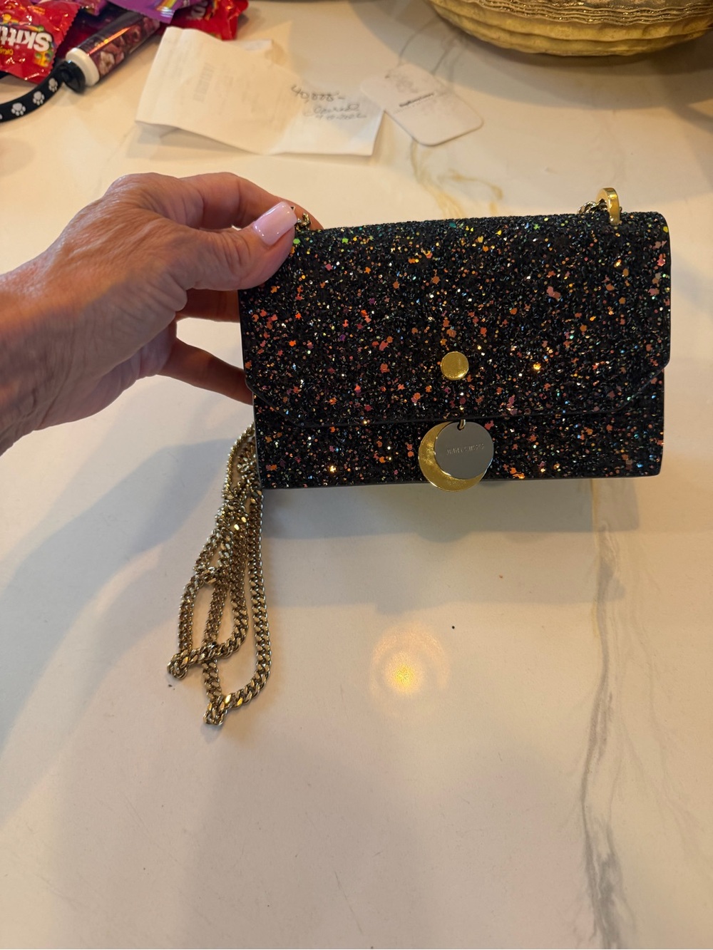 Jimmy Choo Black Multicolor Glitter Shoulder Bag with Gold Chain